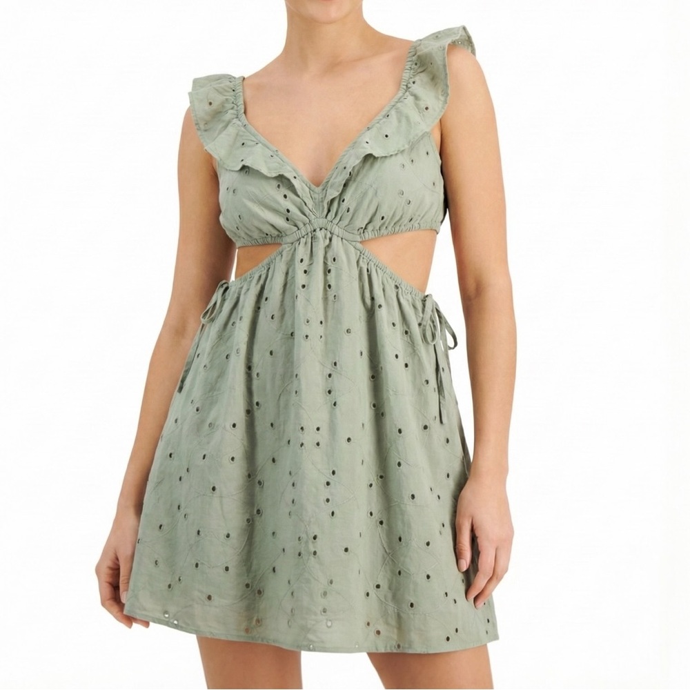 Speechless Sage Green Eyelet Cutout Ruffle Mini Dress Boho Summer Festival NWT - Picture 10 of 10